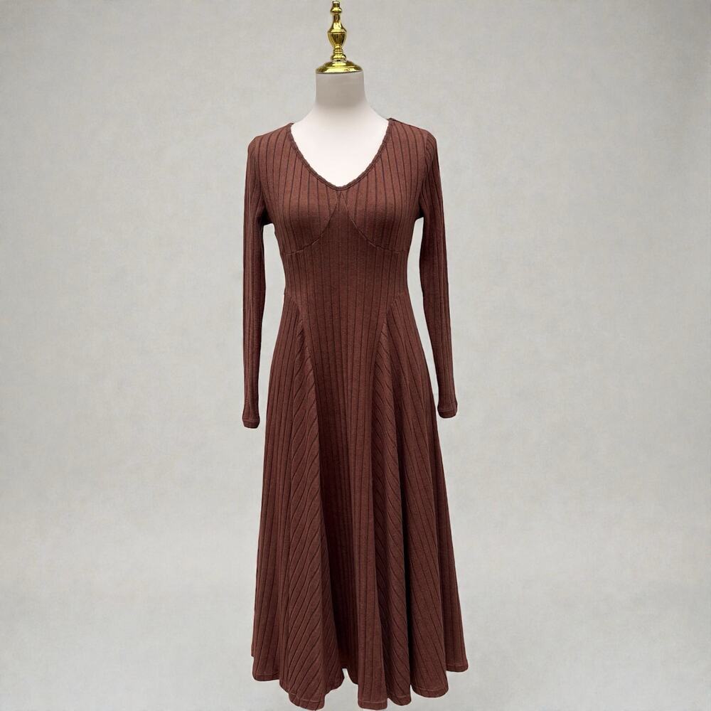 Halara Dress Sz Sm Ribbed‎ Knit Flare Long Sleeve Flowy Casual Brown Minimalist